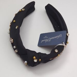 NWT Black Fabric Headband With Footballs, Rhinestones and Bead Embellishments